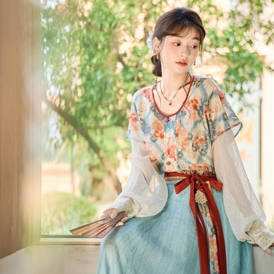 原创汉服女【十三余-胭脂湖】唐制坦领唐褙子齐腰八破裙轻薄夏款