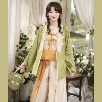 原创汉服女【十三余-待春风】改良对襟短衫宋裤绿色套装春夏季款