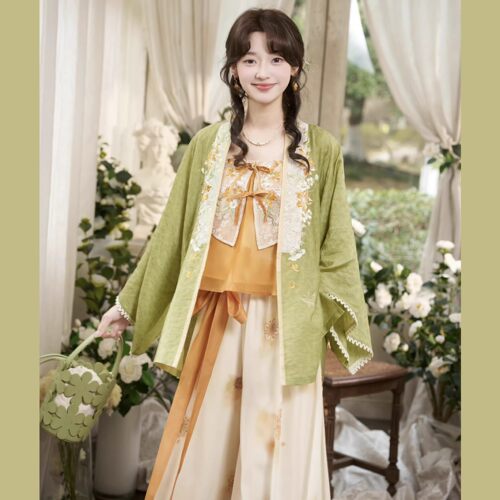 原创汉服女【十三余-待春风】改良对襟短衫宋裤绿色套装春夏季款