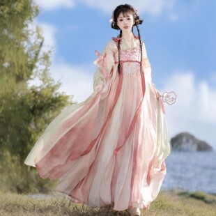 原创汉服女【蝶舞】唐制刺绣一片式齐胸襦裙日常粉色套装春夏季款