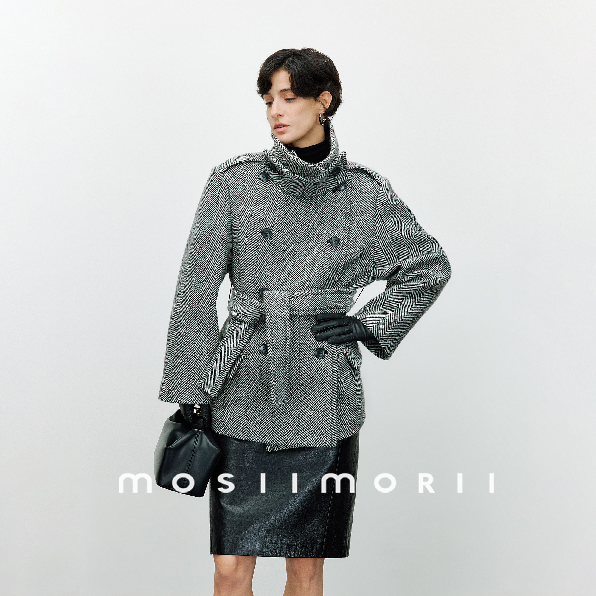 MOSIIMORII【银河骑士】毛呢大衣女2026款双排扣人字纹绵羊毛外套