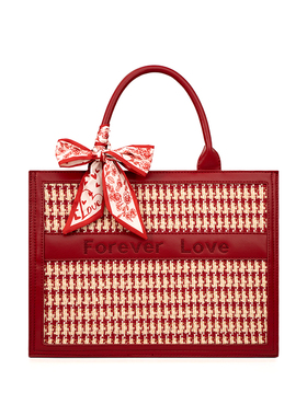 千鸟格红色结婚包包女2025新款大容量托特包大气新娘包时尚手提包