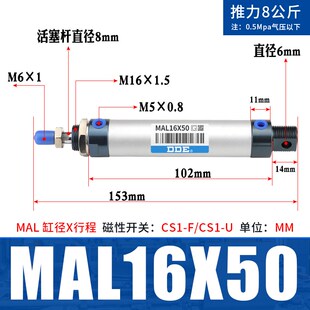 MAL铝合金迷你气缸小型气动16/20/25/32/40-25X50X75X100X150S-CA