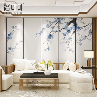 新中式 电视背景墙壁纸壁布客厅卧室沙发墙影视墙水墨梅花装 饰壁画