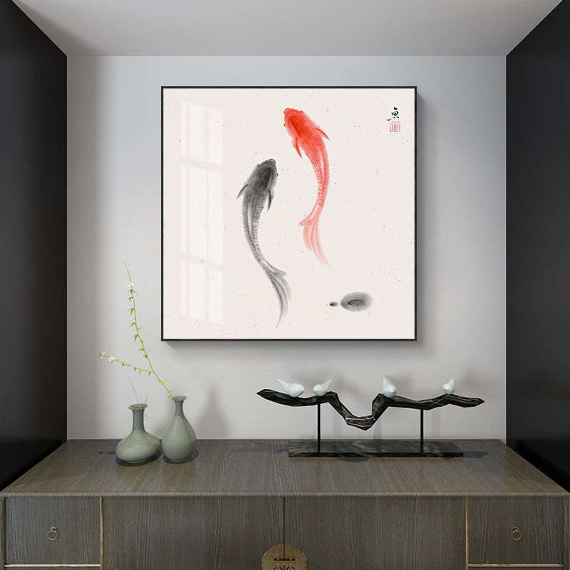 双鱼图招财锦鲤中式装饰画餐厅玄关书房阴八卦鲤鱼晶瓷挂画图片