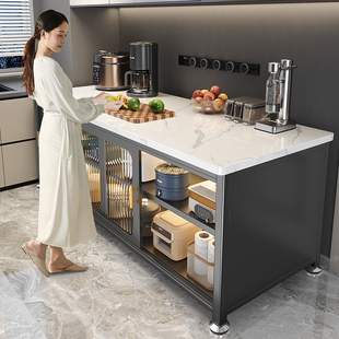 岩板厨房置物架落地多层餐边推拉门橱柜锅具微波炉防尘收纳储物柜
