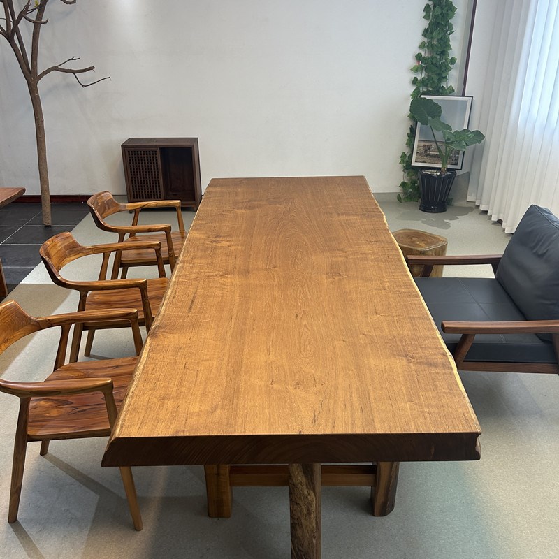 速发缅甸柚木大板桌实木侘寂风整板茶桌自然边原木餐桌老板办公会
