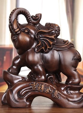 速发实木雕福禄如意大象摆件一对木质客厅玄关柜装饰手工艺品新家