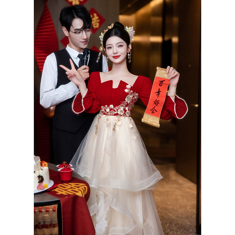 速发红装孕妇敬酒服新娘大码婚纱订婚礼裙遮肚色婚回门便结秋冬季