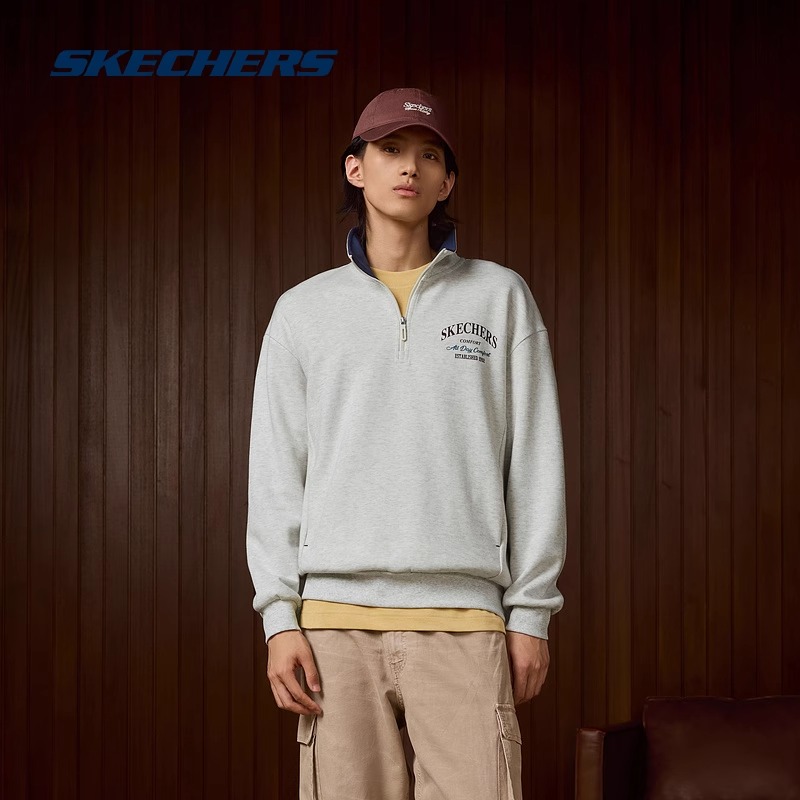 Skechers斯凯奇2024秋季男女款翻领卫衣双面针织弹力复古宽松款服