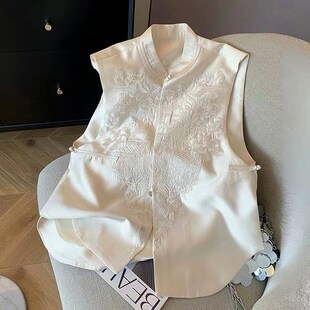 极速新中式马甲女款春秋缎面无袖背心外穿国风刺绣马夹白色时尚上