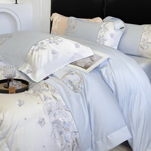 田园风A类全棉四件套新疆长绒棉被套床单100纯棉花卉刺绣床上用品