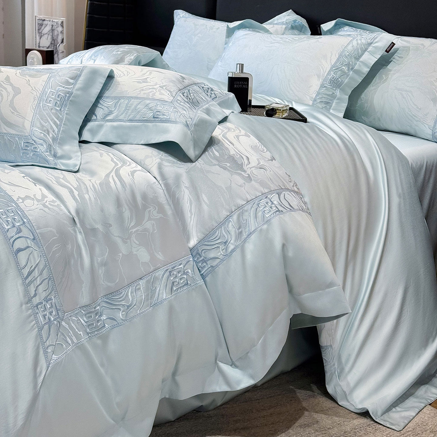 高档A类长绒棉贡缎提花四件套丝滑裸睡纯棉被套床单全棉床上用品4