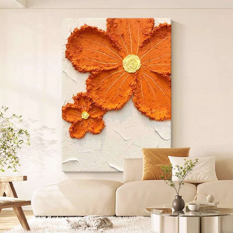 法式奶油风橙色花卉客厅装饰画极简风格玄关沙发背景墙原木系挂画