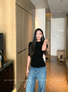 SS for me 智性百搭 全羊毛半高领中袖针织衫女修身显瘦内搭上衣