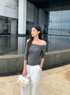 SS for me 心跳节拍 黑色一字肩中袖T恤女短款修身露肩打底衫上衣