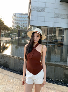 SS for me 落日玫瑰 挂脖针织吊带背心女外穿不规则修身露肩上衣