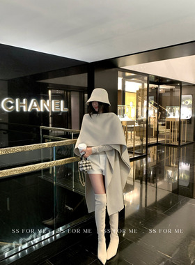 SS for me 掠过心弦 1OO羊毛黑色斗篷大衣女高级感气质毛呢外套