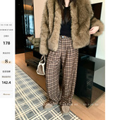 女复古休闲直筒拖地长裤 优雅廓形 高腰咖棕格纹阔腿裤 for