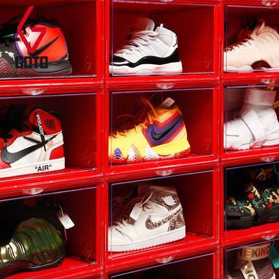 GOTO鞋盒球鞋收纳盒红色侧开防氧化防尘20个装鞋柜鞋架透明展示盒