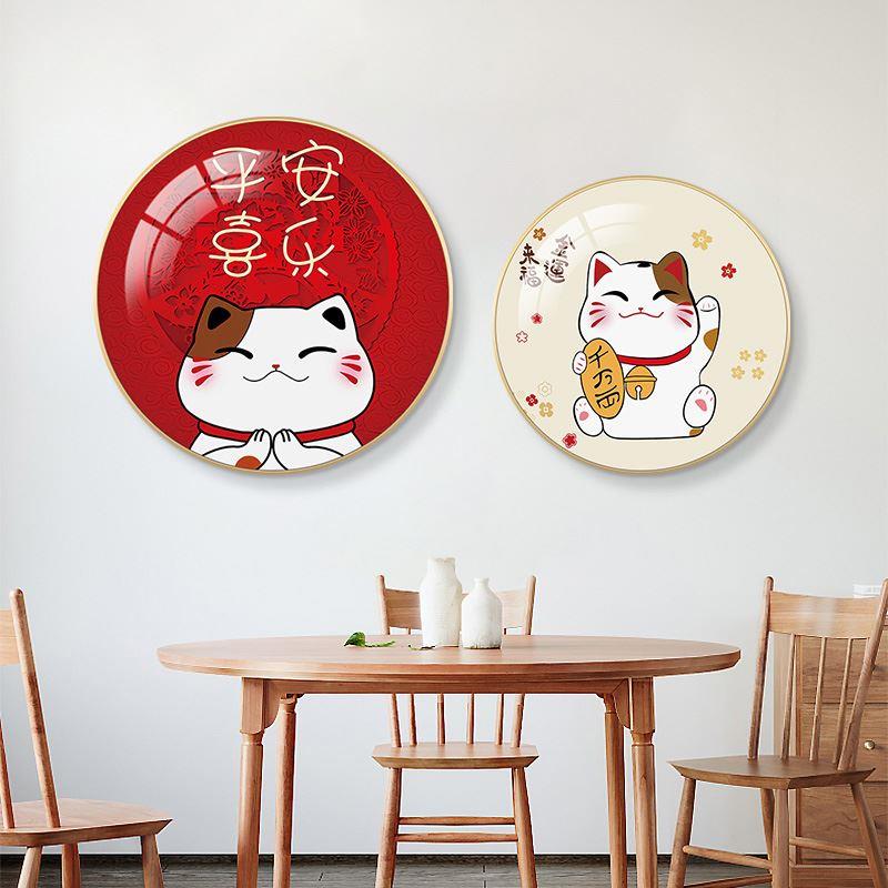 招财猫餐厅装饰画圆形玄关挂画饭厅餐桌壁画新中式吉祥红走廊图片
