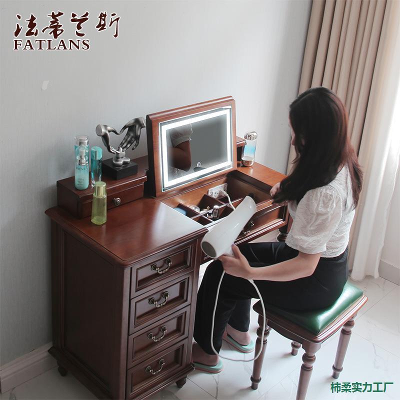 实木60-70-80-90cm1-1.2米美式轻奢带灯翻盖梳妆台小收纳柜一体