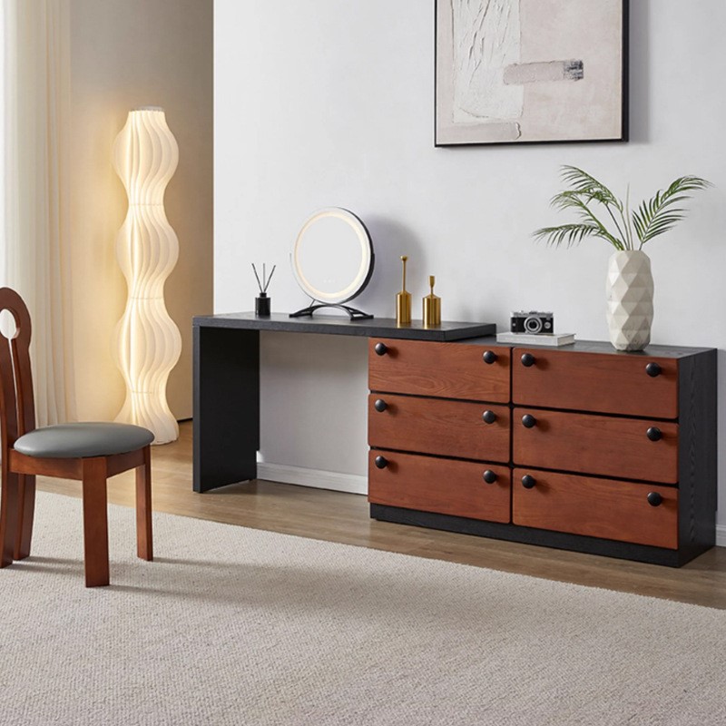 复古风卧室梳妆台斗柜一体全实木中古风床尾化妆桌收纳柜