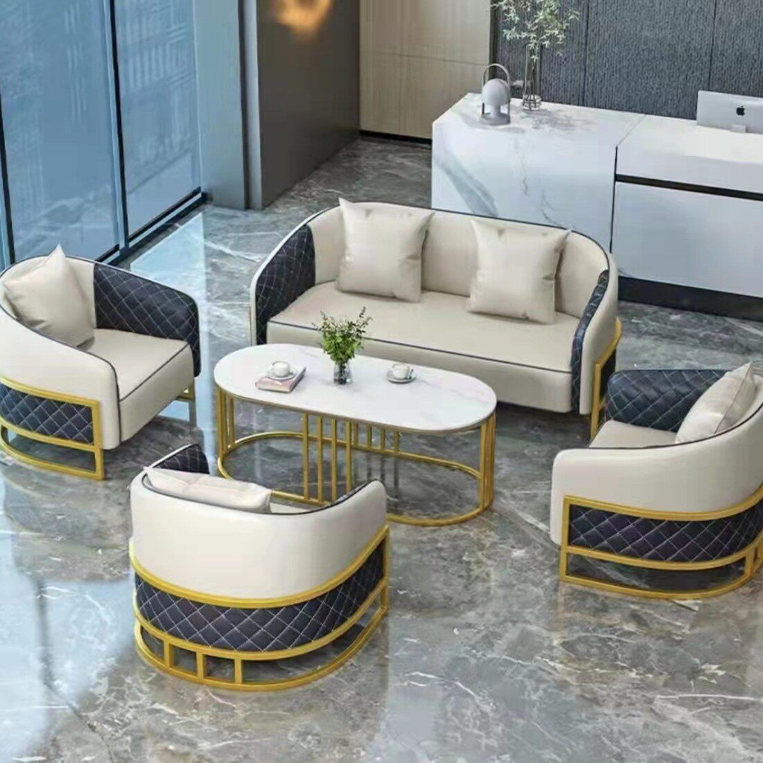 轻奢休闲酒店大堂接待售楼处洽谈桌椅办公室皮艺沙发茶几组合套装