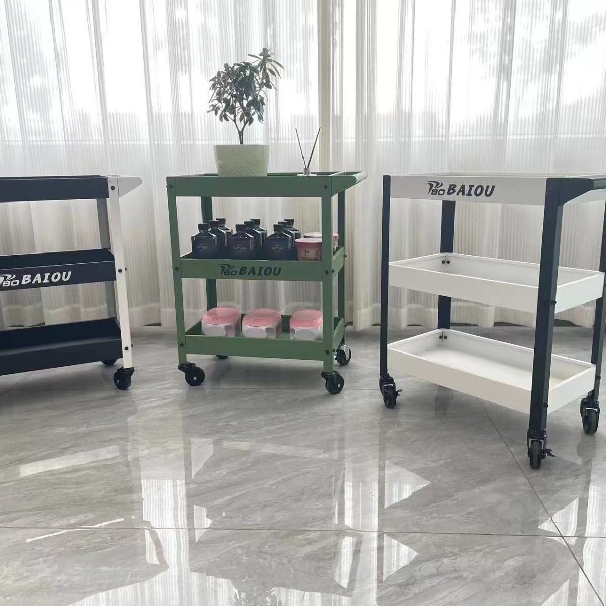 绿色三层小推车工业风工具车手推车静音滚轮收纳零件移动花架绿植