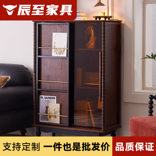 法式实木书柜带玻璃门客厅靠墙展示柜酒柜家用中古风收纳储物柜子