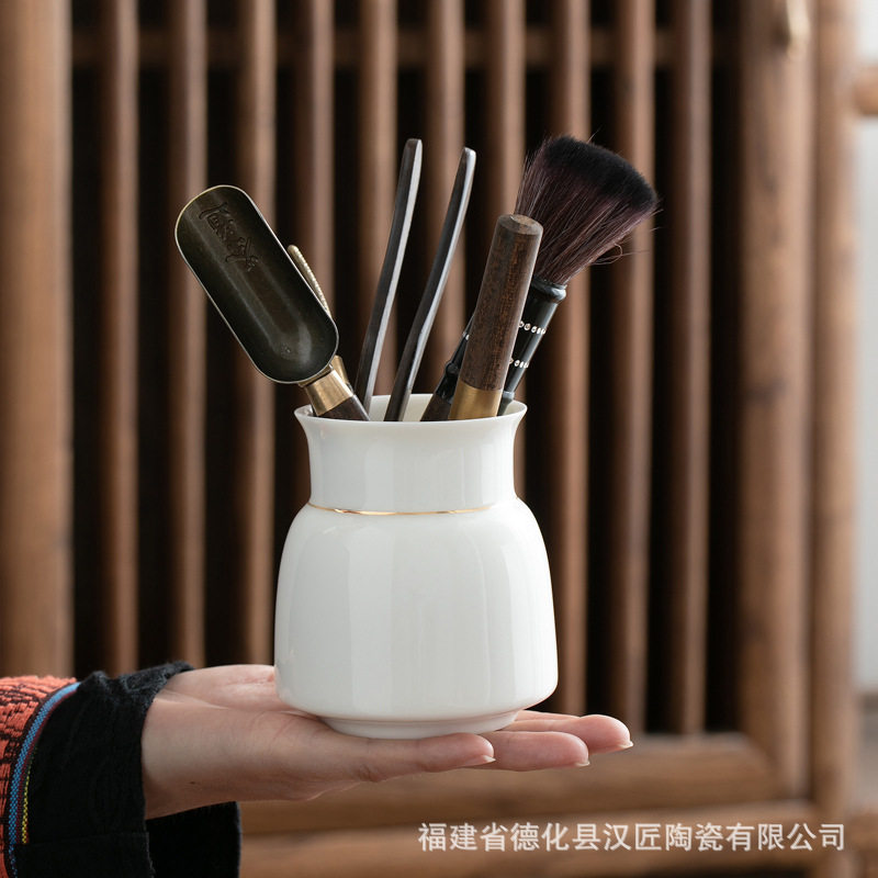 羊脂玉陶瓷茶具套装茶道六君子茶针茶夹茶勺德化新中式茶具描金