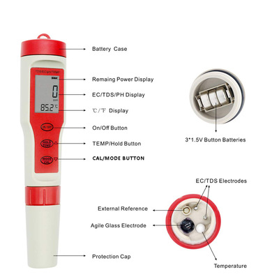 新品pH计TDS/pH/EC/温度四合一水质仪电导率pH笔tds笔