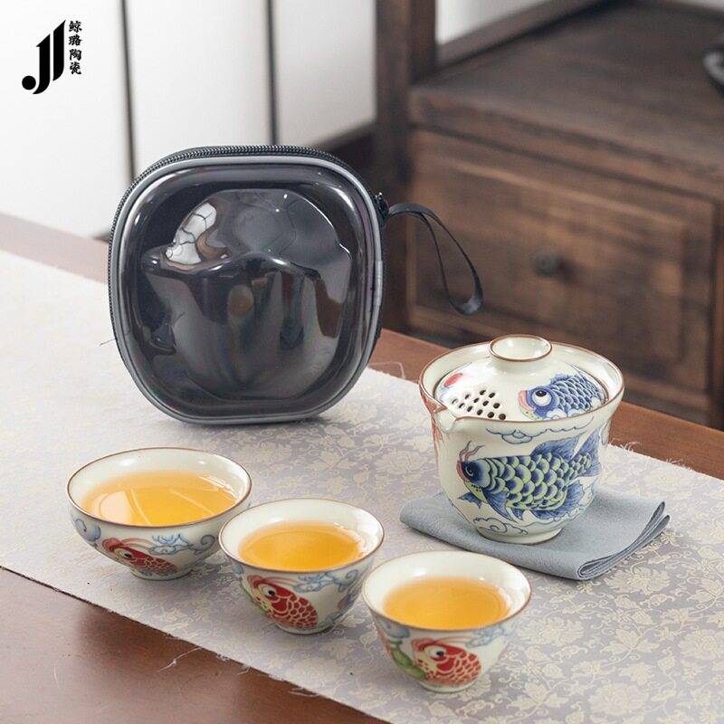 轻奢佰汝草木灰旅行茶具套装便携式户外旅游快客杯创意泡茶壶茶杯
