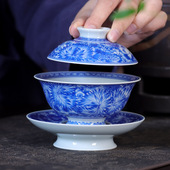 手工手绘青花万花撇口三才盖碗个人专用泡茶专用泡茶器单个敬茶碗