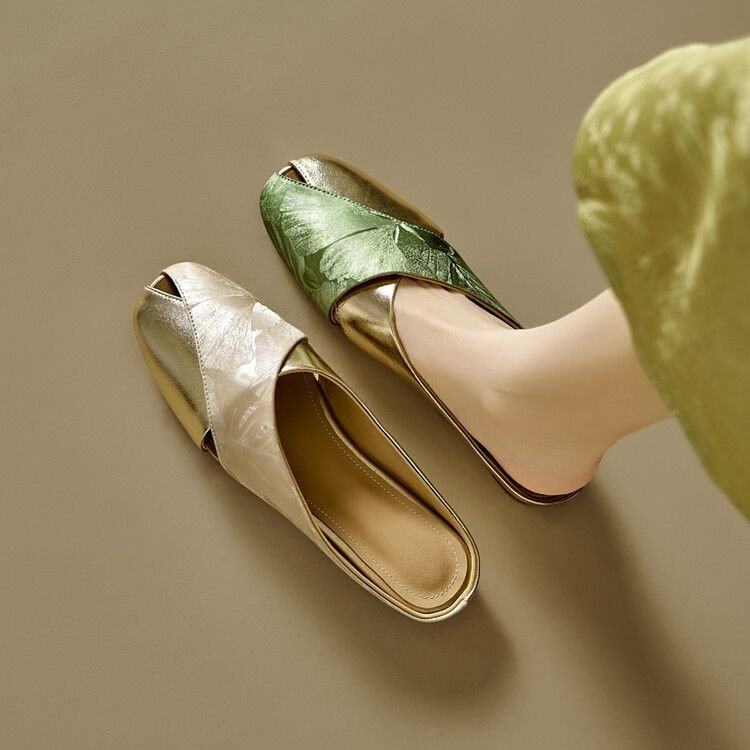 新中式包头半拖女夏软皮国风印花拼色方头镂空平底懒人穆勒凉拖鞋,女鞋,包头拖,淘宝优惠券,粉丝福利购,淘宝优惠卷