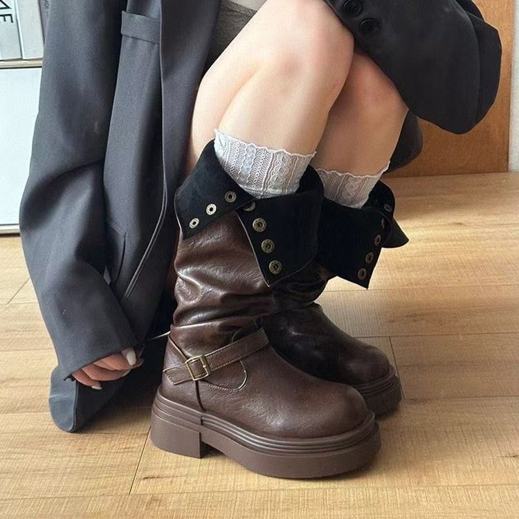 褶皱高筒骑士靴2025新款堆堆靴女