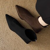 2026新款 尖头绒面短靴女粗跟瘦瘦靴显瘦后拉链靴 秋冬加绒弹力法式