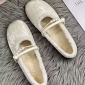 女加绒平跟浅口布面棉鞋 新中式 秋冬珍珠玛丽珍鞋 轻便保暖舒适圆头