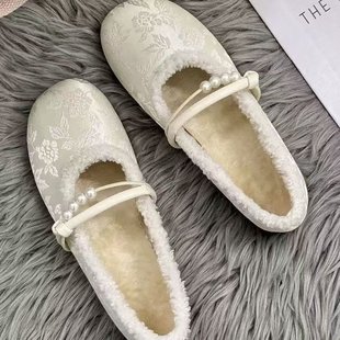 新中式秋冬珍珠玛丽珍鞋女加绒平跟浅口布面棉鞋轻便保暖舒适圆头