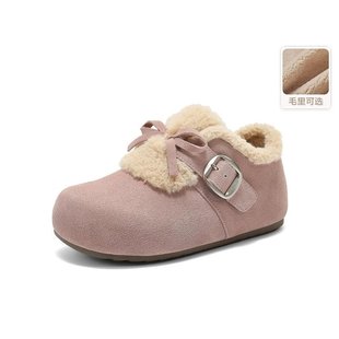 甜美加绒粉红色勃肯鞋女冬季保暖毛毛鞋内增高平底一脚蹬棉鞋扣带