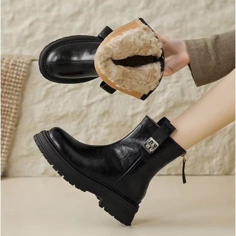 法式加绒短靴女冬季厚底马丁靴黑色方跟保暖后拉链橡胶底短靴子女