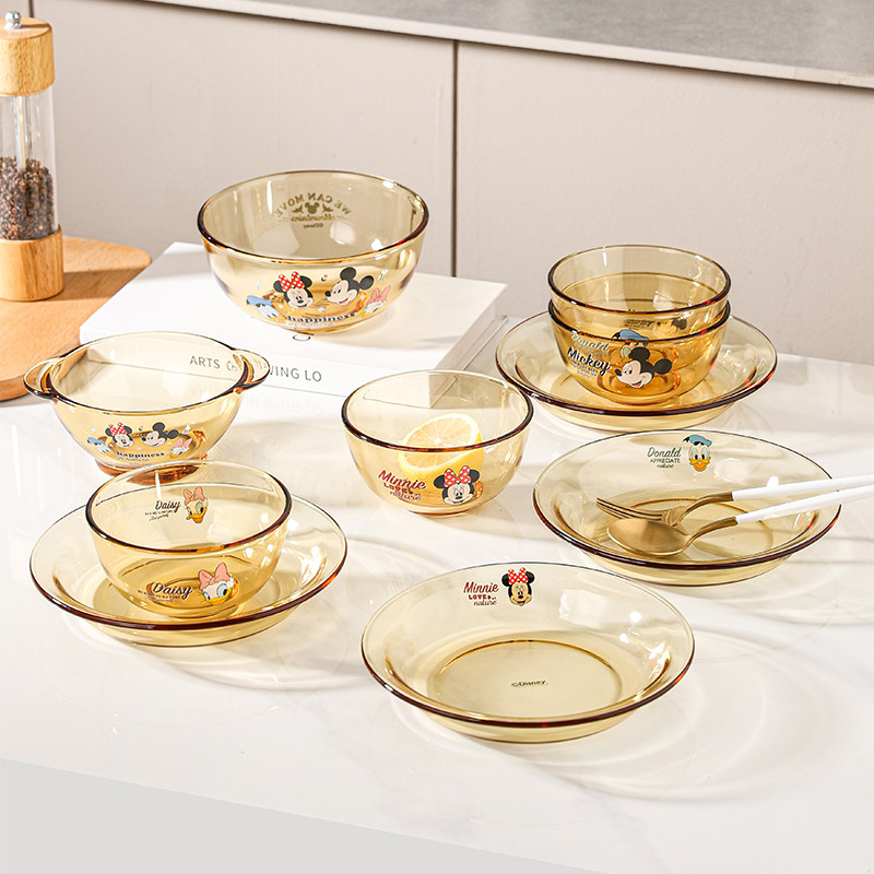 迪士尼玻璃轻奢餐具套装琥珀色卡通透明餐盘