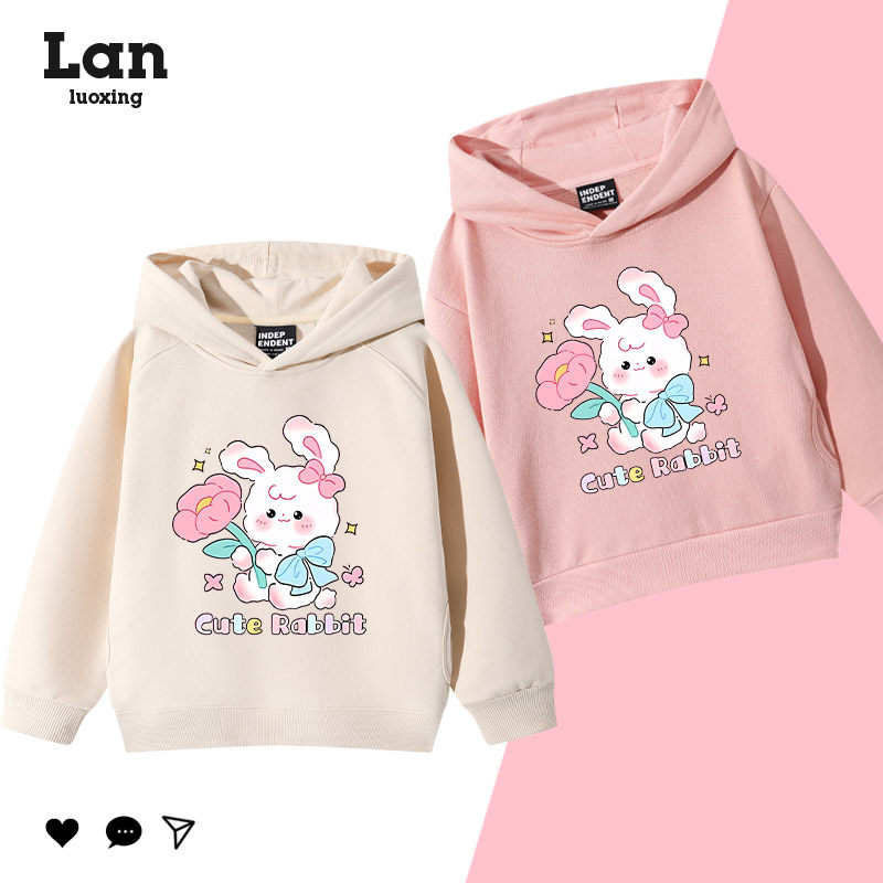 女童粉色甜美卡通兔子设计印花卫衣2025新款秋季连帽宽松童装上衣