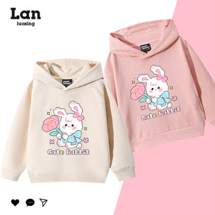 女童粉色甜美卡通兔子设计印花卫衣2025新款秋季连帽宽松童装上衣