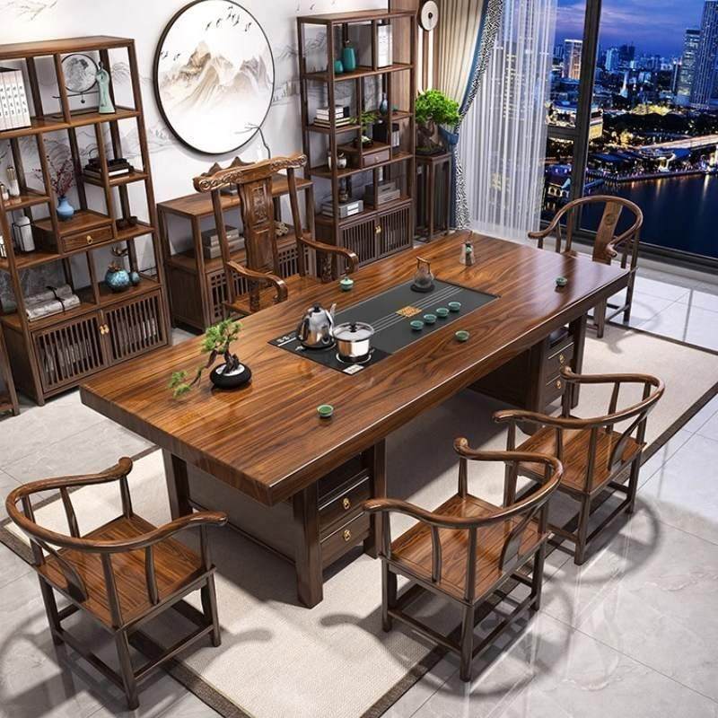 洞窝威武大板实木原木茶桌椅组合一桌五椅新中式茶几办公室泡茶台