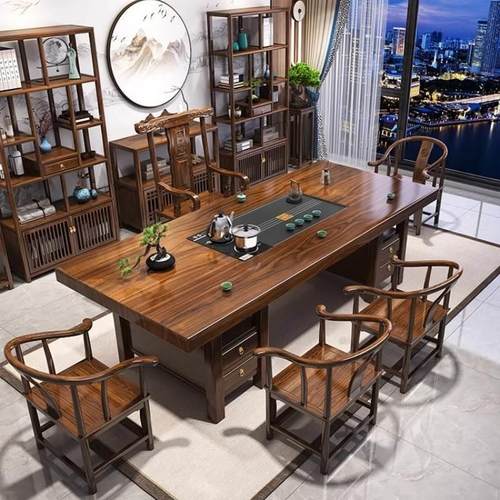 洞窝威武大板实木原木茶桌椅组合一桌五椅新中式茶几办公室泡茶台