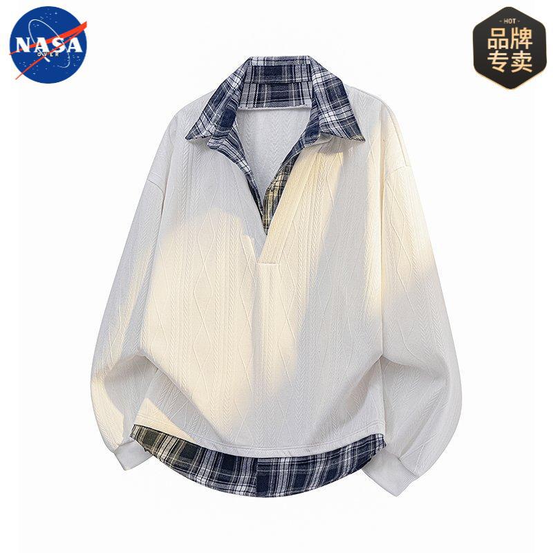 NASAOVER品牌秋季美式格子长袖T恤POLO衫卫衣男士休闲假两件上衣
