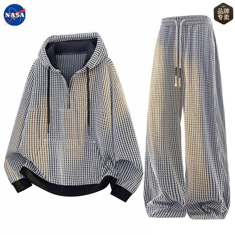 NASAOVER高质量大码半拉链连帽卫衣套装男士秋季休闲慵懒风两件套