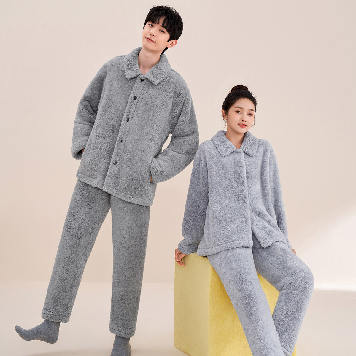 安之伴秋冬情侣睡衣女长袖加厚保暖蓄热可外穿男士大码家居服套装