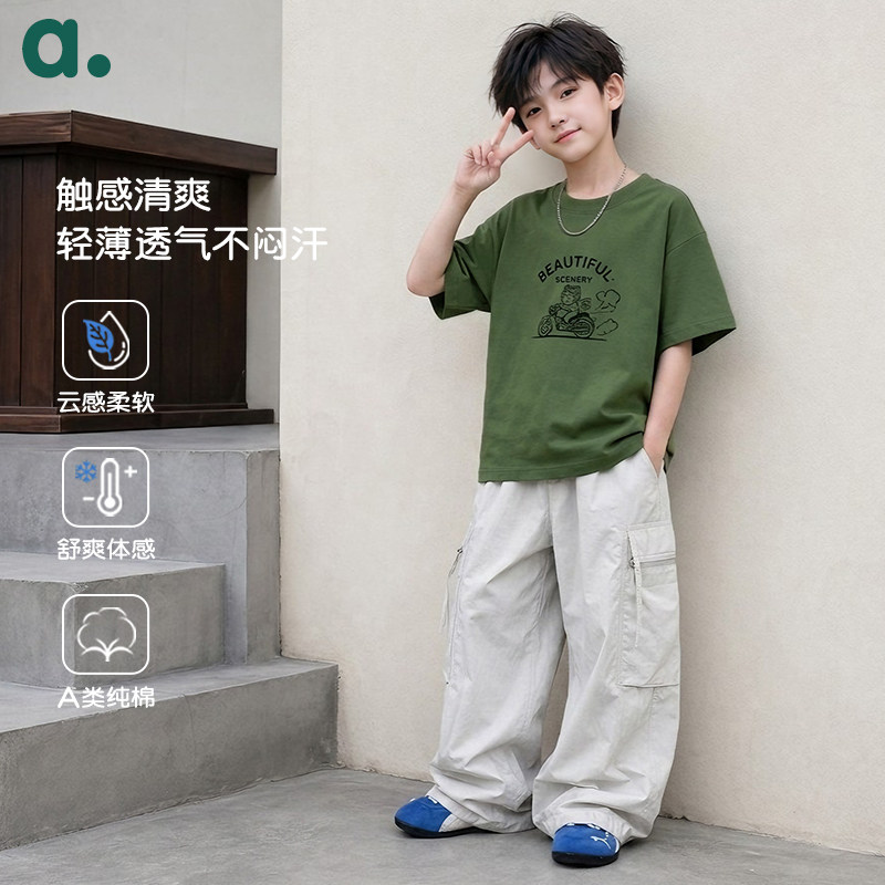 安之伴童装【A类纯棉】男女童短袖t恤中大童夏款简约百塔休闲上衣